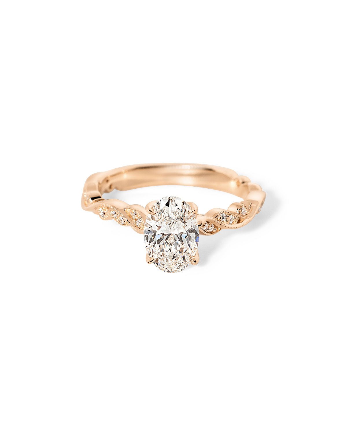Rosette Oval Cathedral - PBD Engagement Rings
Rosette Oval Cathedral rose gold engagement ring with oval center diamond and petal prongs at Princess Bride Diamonds jewelry store in Orange County
