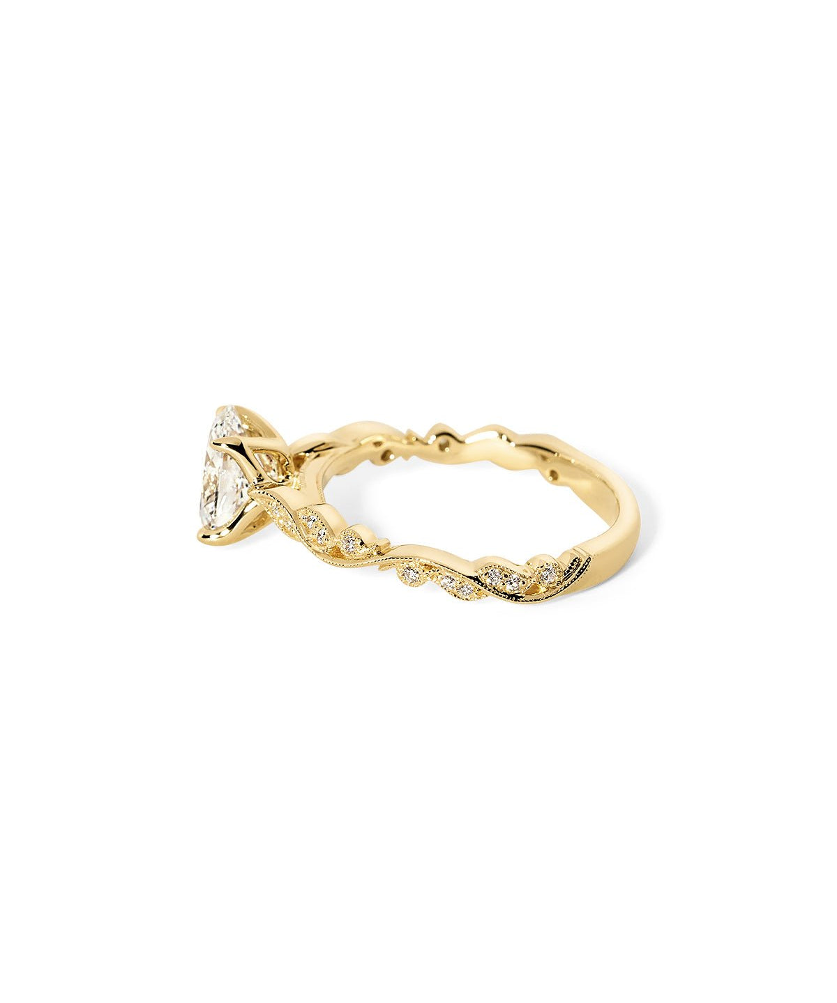 Angled view of the Rosette Oval Cathedral yellow gold engagement ring with 75% eternity diamond band and vintage-inspired details at Princess Bride Diamonds jewelry store in Orange County