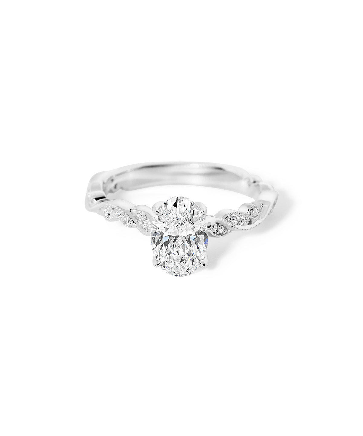 Rosette Oval Cathedral white gold engagement ring with oval center diamond and petal prongs at Princess Bride Diamonds jewelry store in Orange County
