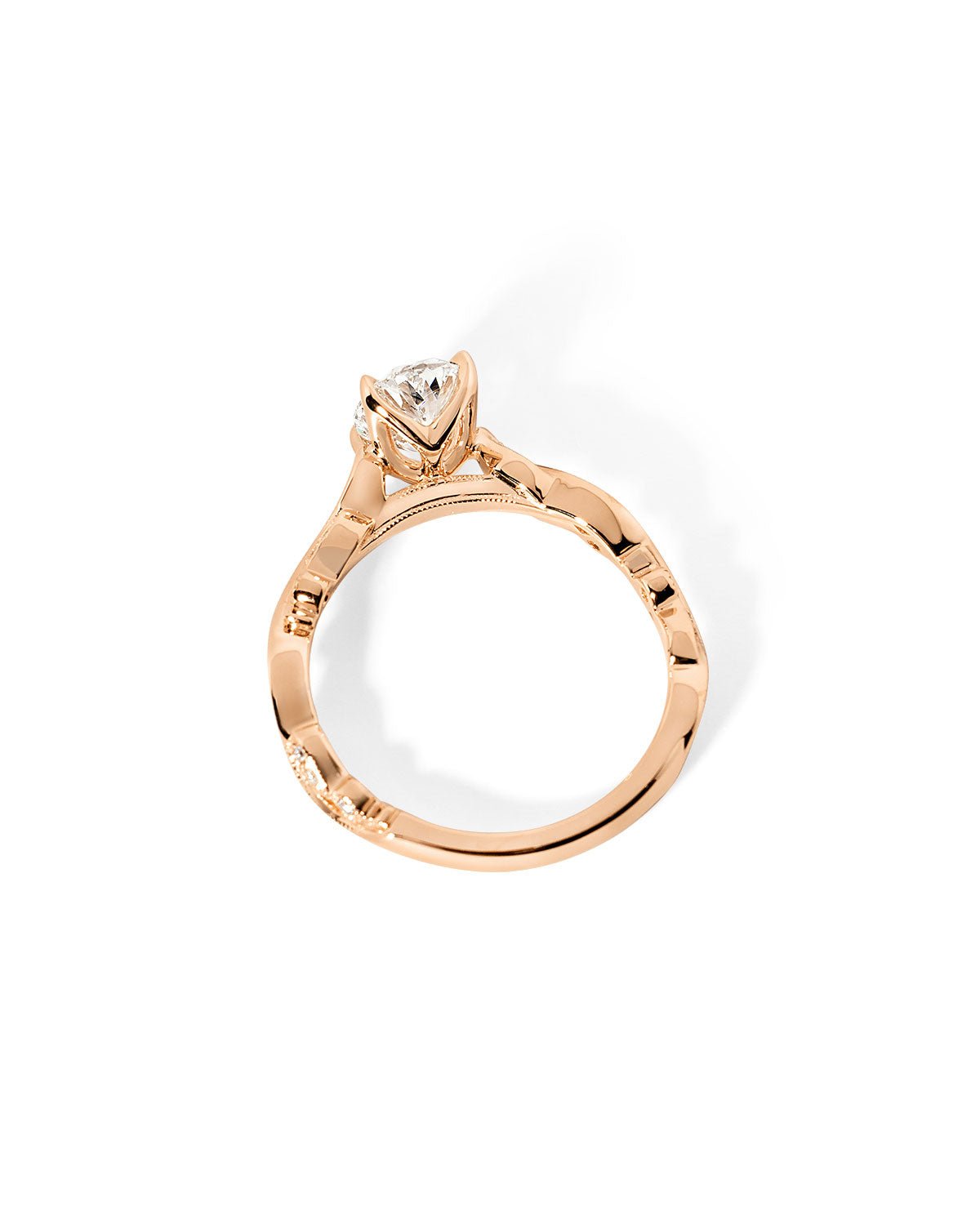 Side profile of the Rosette Oval Cathedral rose gold engagement ring highlighting the milgrain bridge and cathedral-style band at Princess Bride Diamonds jewelry store in Orange County

