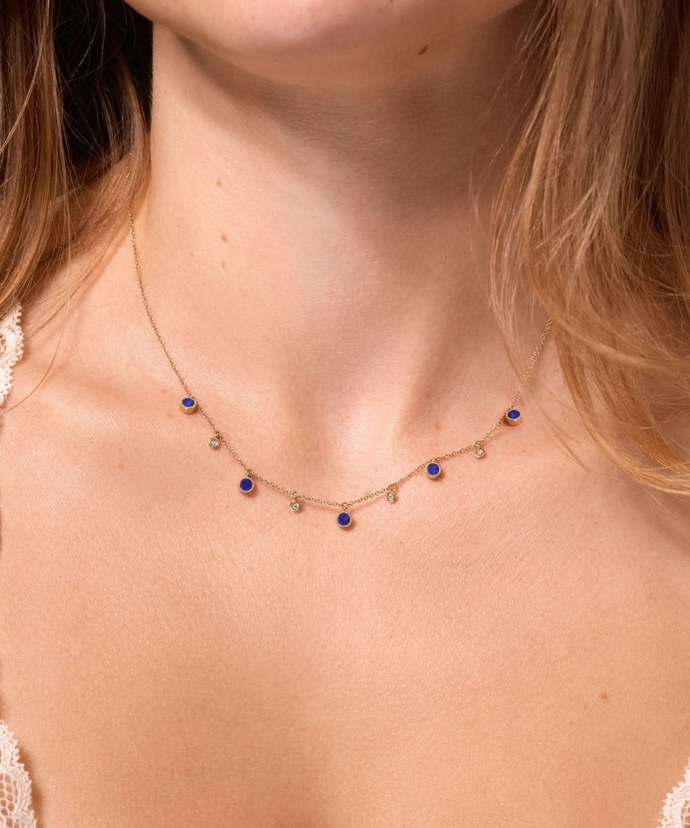 Round Bezel Lapis Lazuli and Diamonds Necklace - PBD Necklaces