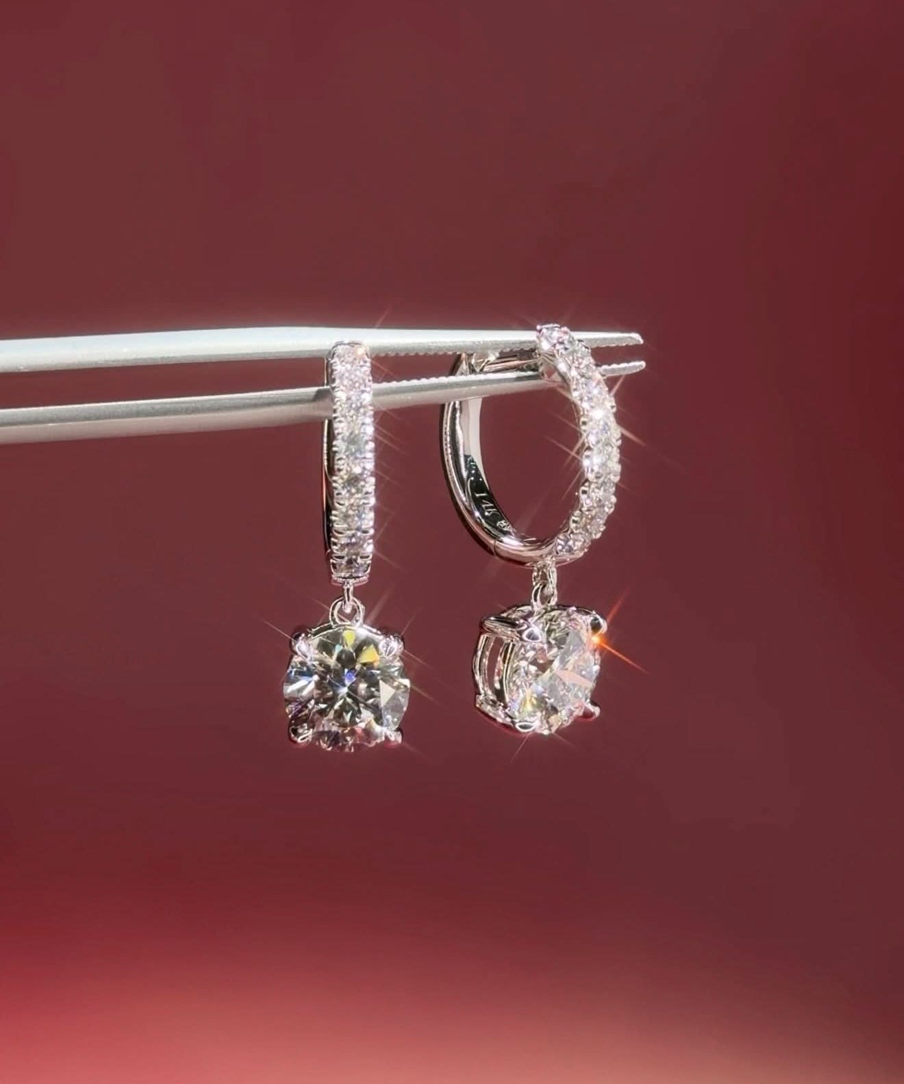 Round Diamond Drop Hoops White Gold - PBD Earrings