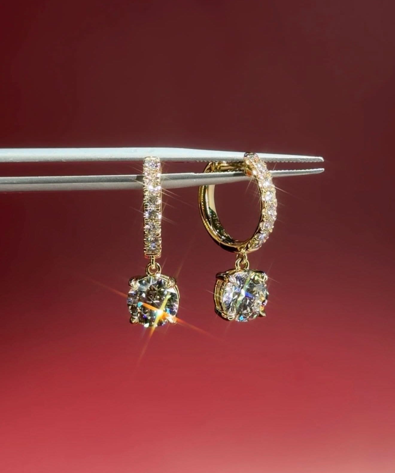 Round Diamond Drop Hoops Yellow Gold - PBD Earrings