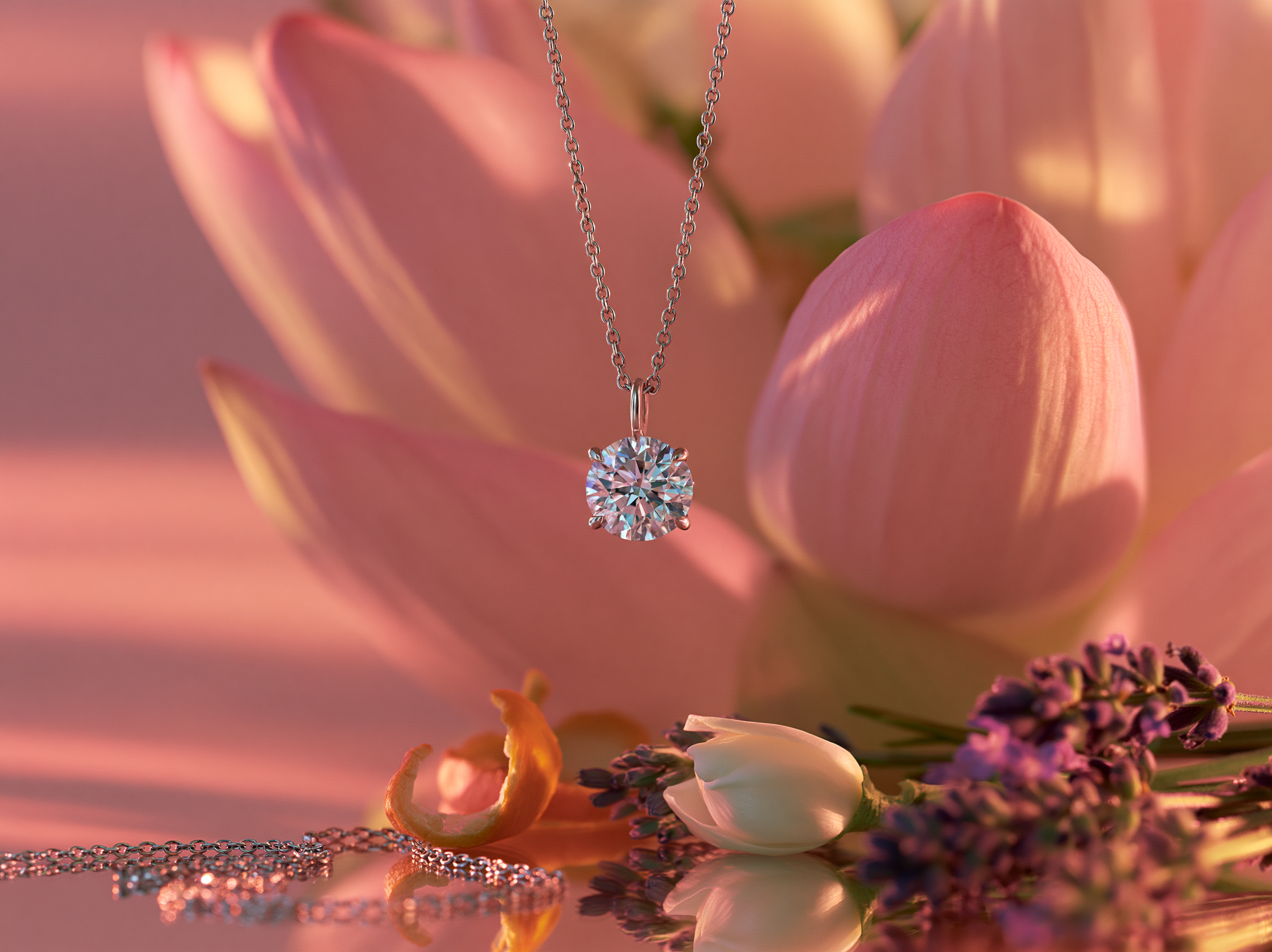 round diamond necklace white gold with floral decor
