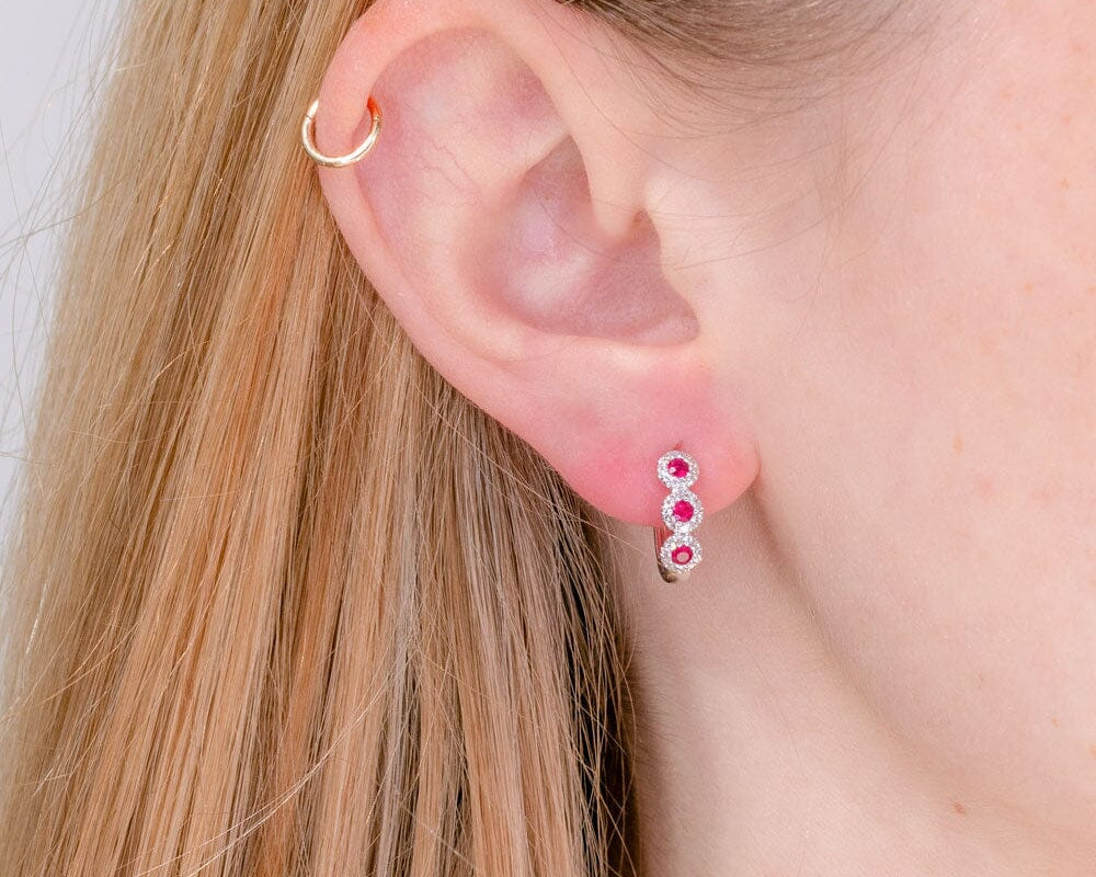 Ruby & Diamond Halo Huggies Earrings Princess Bride Diamonds 