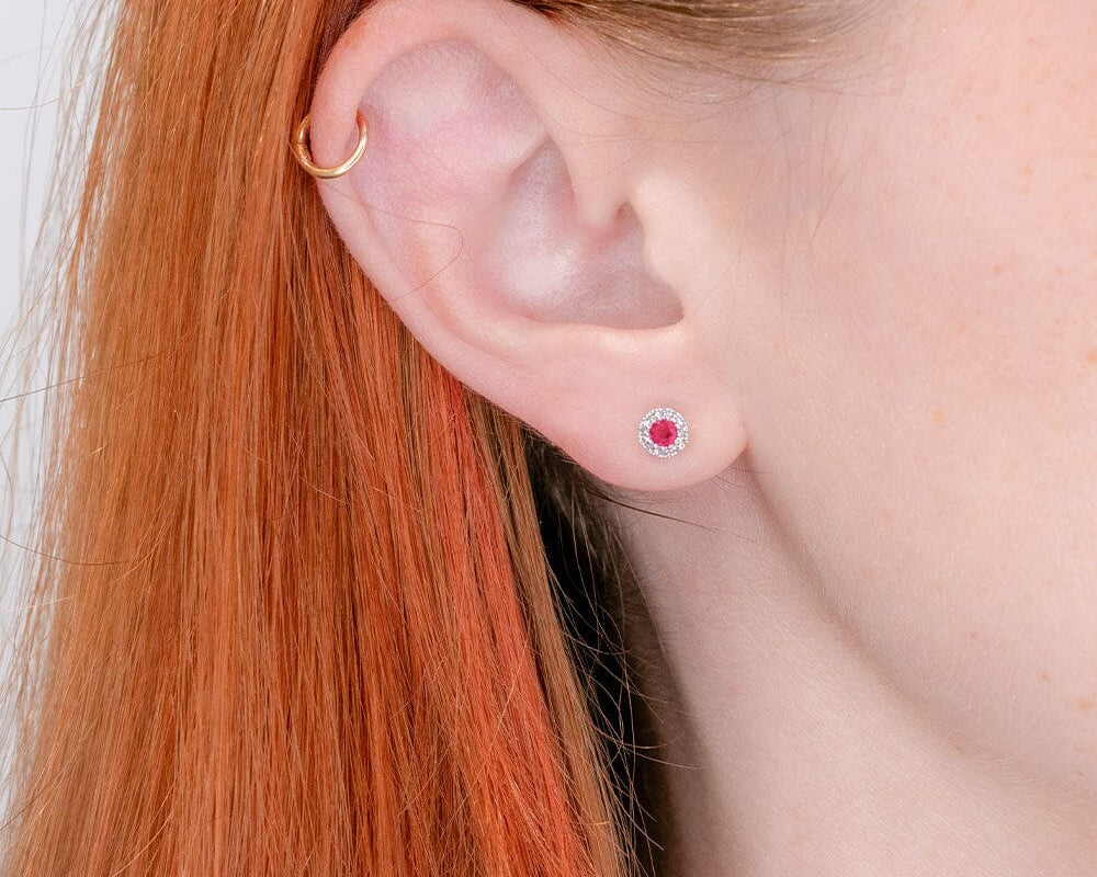 Ruby & Diamond Halo Studs Earrings Princess Bride Diamonds 