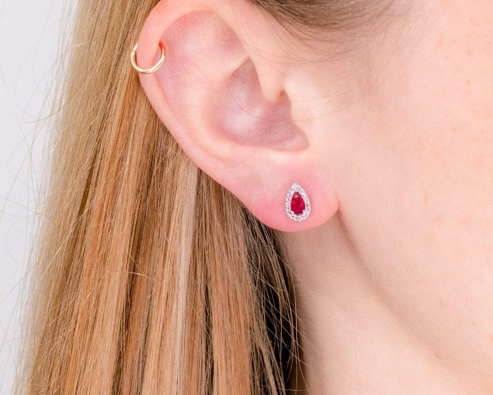 Ruby & Diamond Pear Halo Studs Earrings Princess Bride Diamonds 