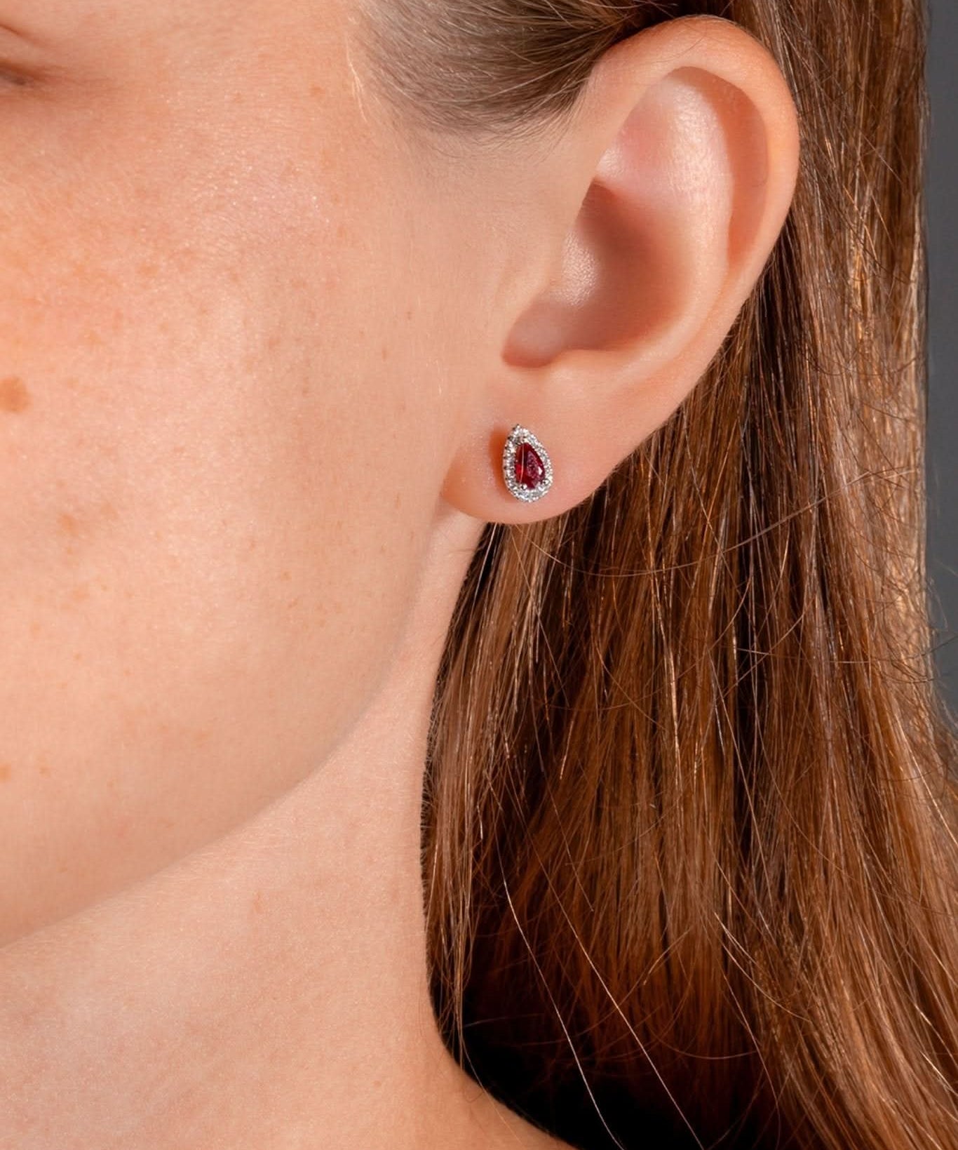 Ruby & Diamond Pear Halo Studs - PBD Earrings