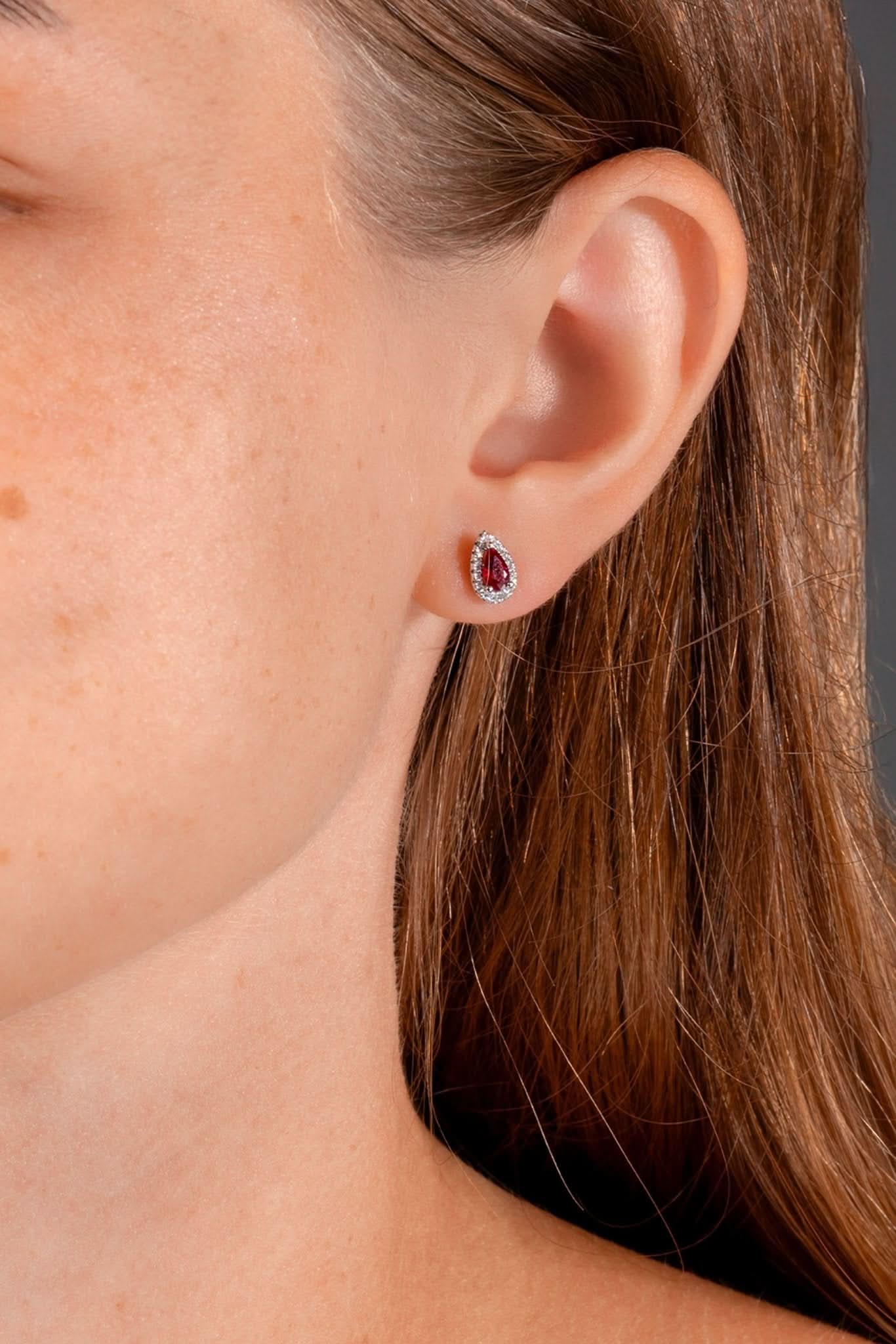 Ruby & Diamond Pear Halo Studs - PBD Earrings