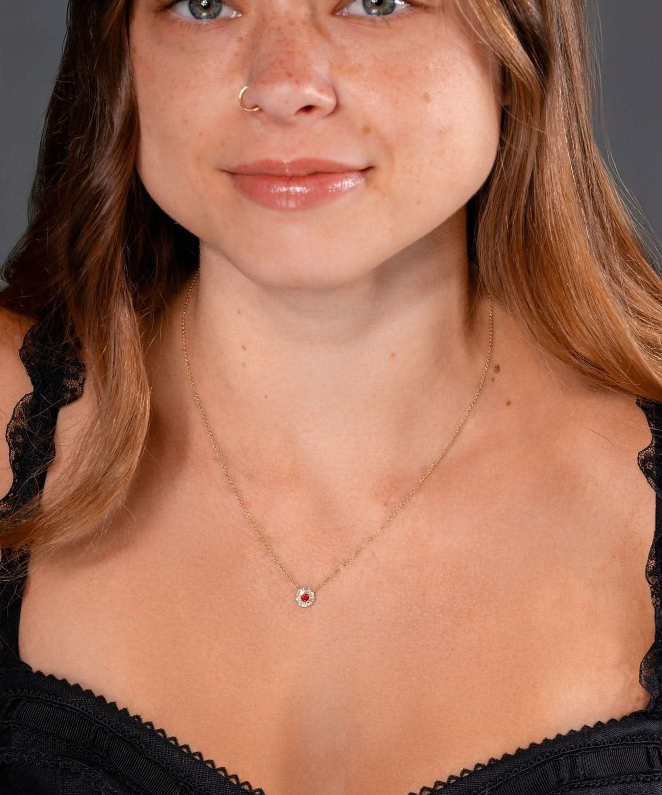 Ruby Double Diamond Halo Necklace - PBD Necklaces