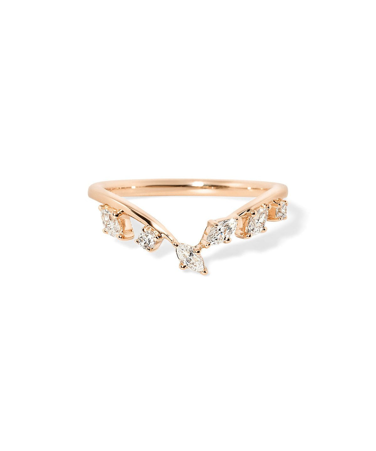 Sage wedding band with V-shaped design and marquise and round diamonds arranged like leaves set in gold at Princess Bride Diamonds jewelry store in Orange County