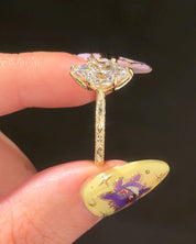 Victoria Dutch Marquise Hand Engraved engagement ring, end view showing the engraved band in 14K yellow gold