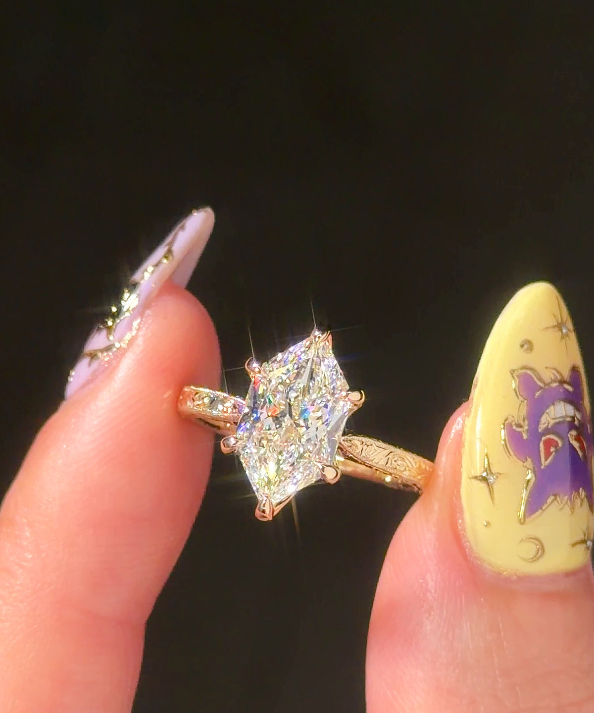 Victoria Dutch Marquise Hand Engraved engagement ring, front view of the Dutch marquise in 14K yellow gold