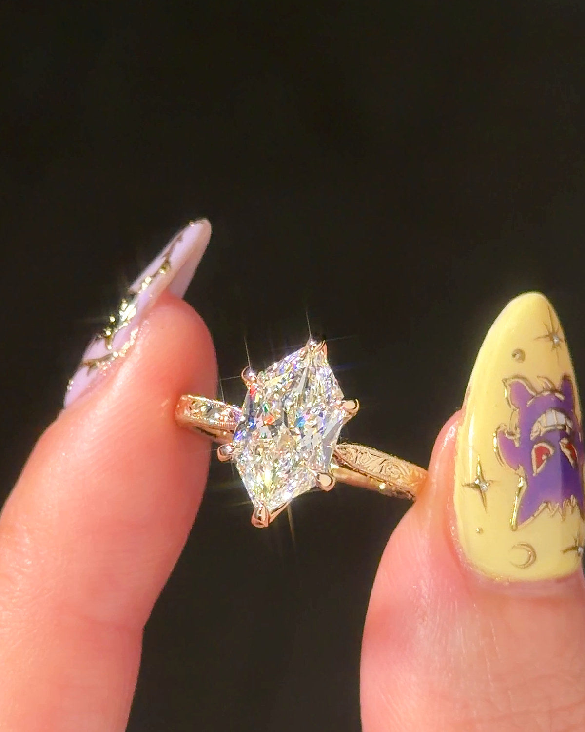 Victoria Dutch Marquise Hand Engraved engagement ring, front view of the Dutch marquise in 14K yellow gold