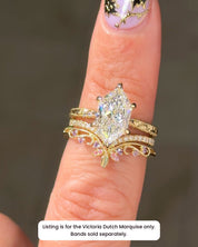 Victoria Dutch Marquise Hand Engraved engagement ring, stacked with two bands sold separately in 14K yellow gold