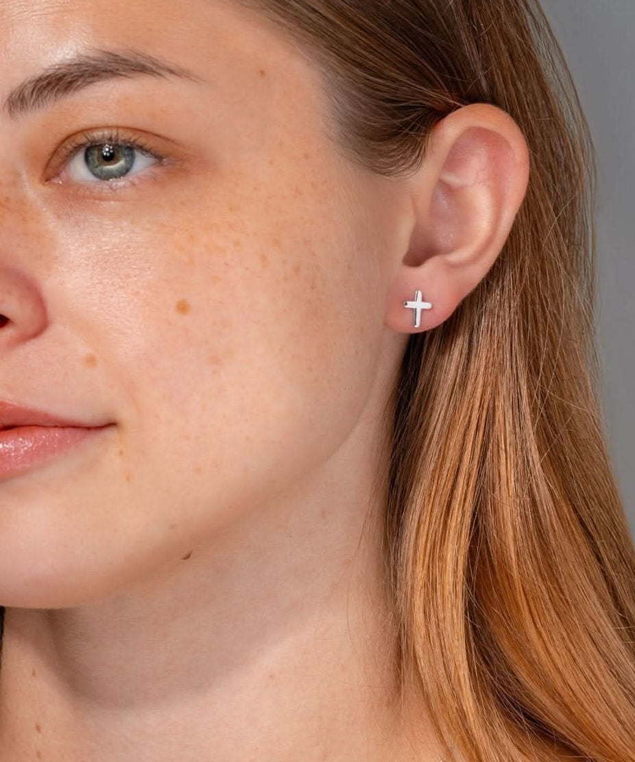 White Gold Cross Studs - PBD Earrings