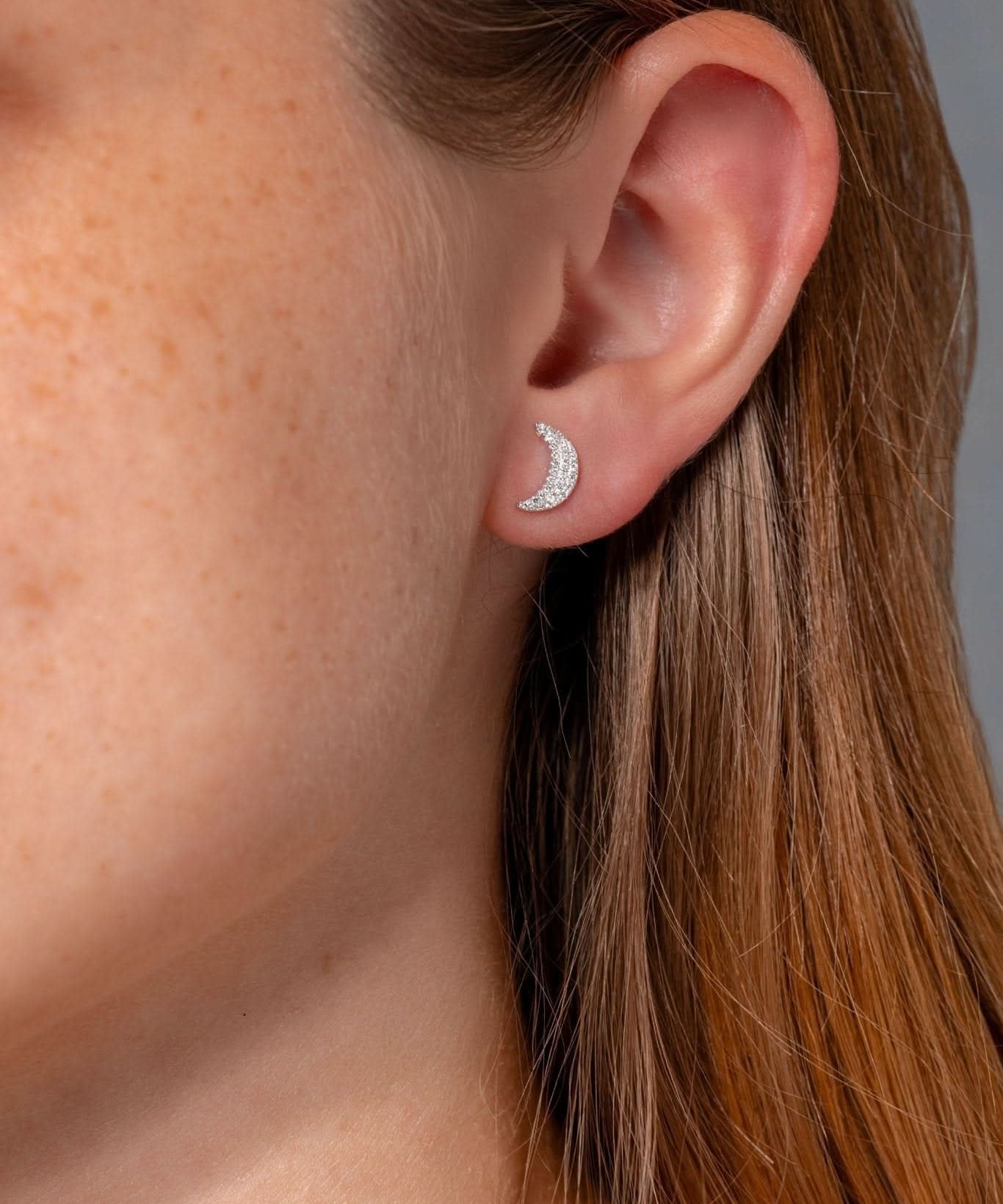 White Gold Pavé Moon Studs - PBD Earrings