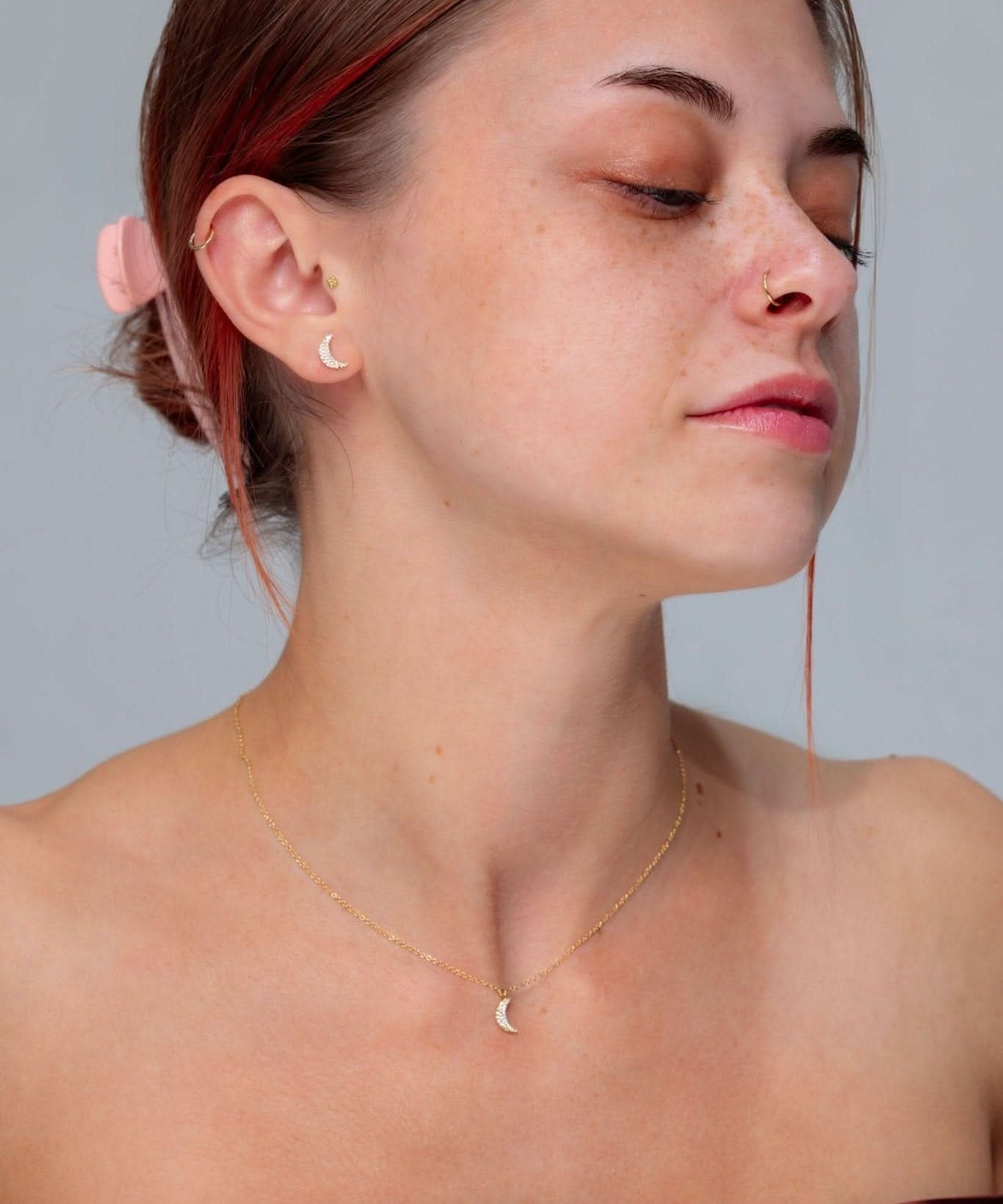 Yellow Gold Pavé Moon Studs - PBD Earrings