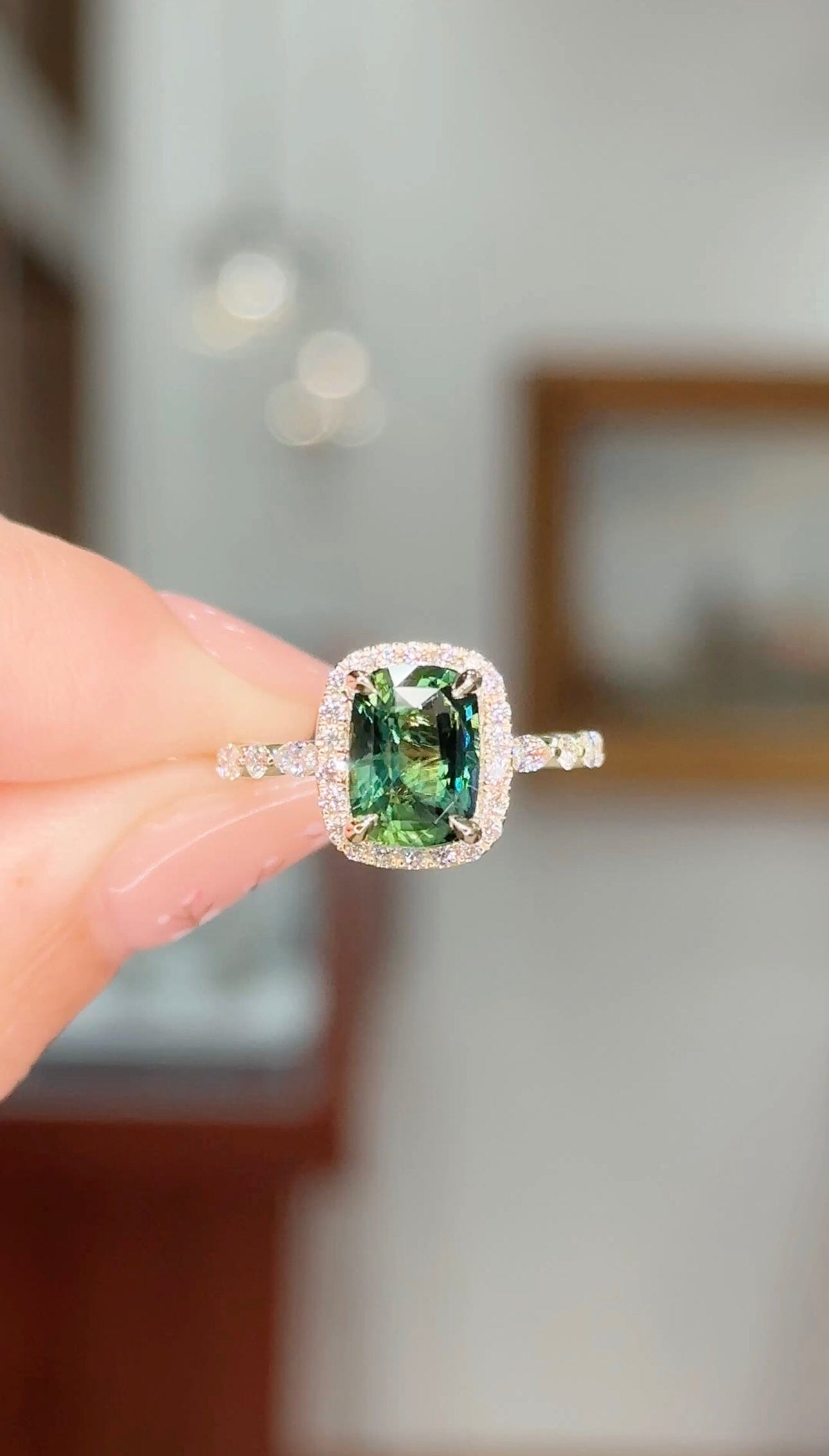 Briar rose halo with oval lab green sapphire – Oore jewelry