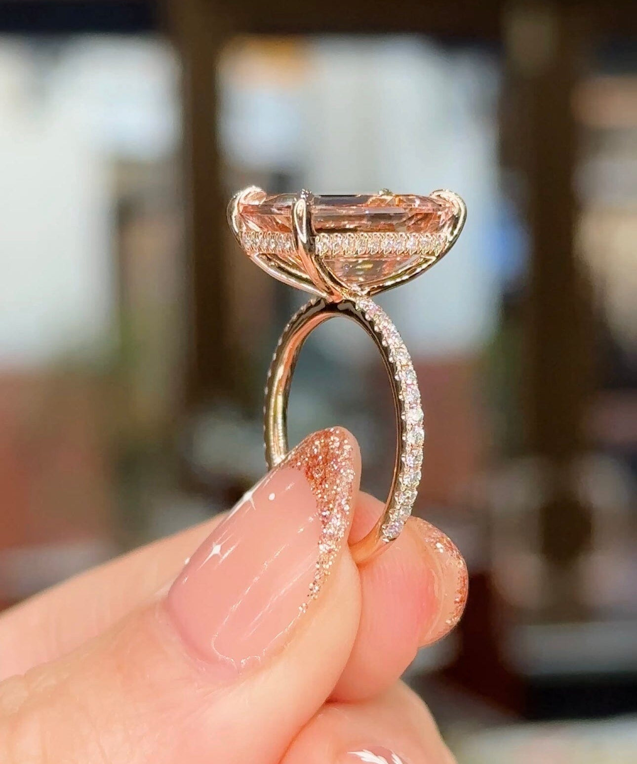 6.10ct Natural Emerald Peach Pink Morganite Kayla Engagement Rings Princess Bride Diamonds 