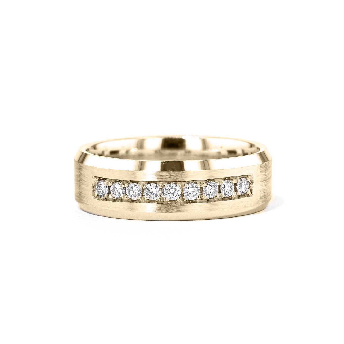 7mm Satin Finish With Diamonds Bevel Edge Gold Ring - PBD Rings