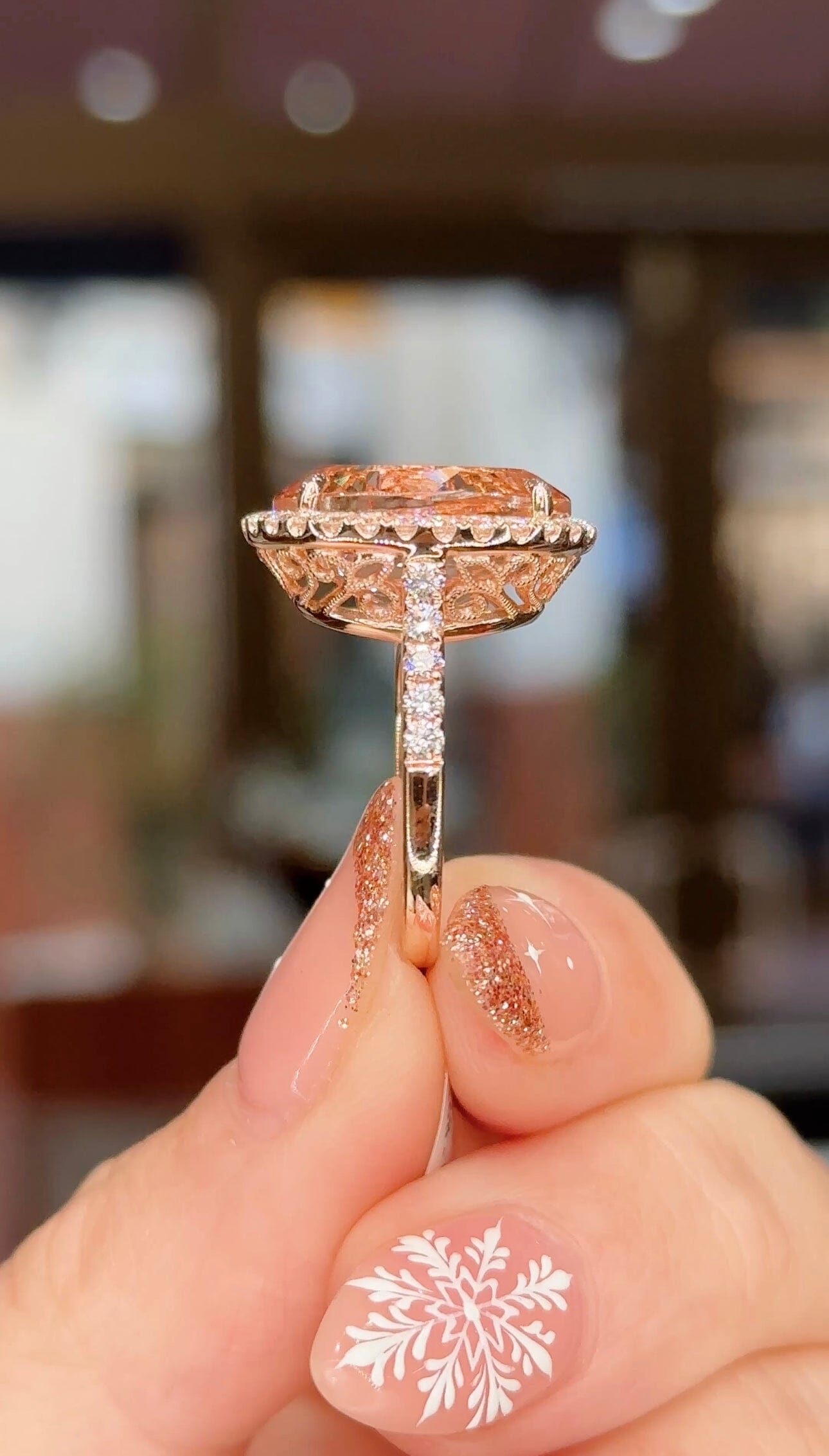 9.43ct Oval Peach Pink Morganite Ring with Filigree Engagement Rings Princess Bride Diamonds 