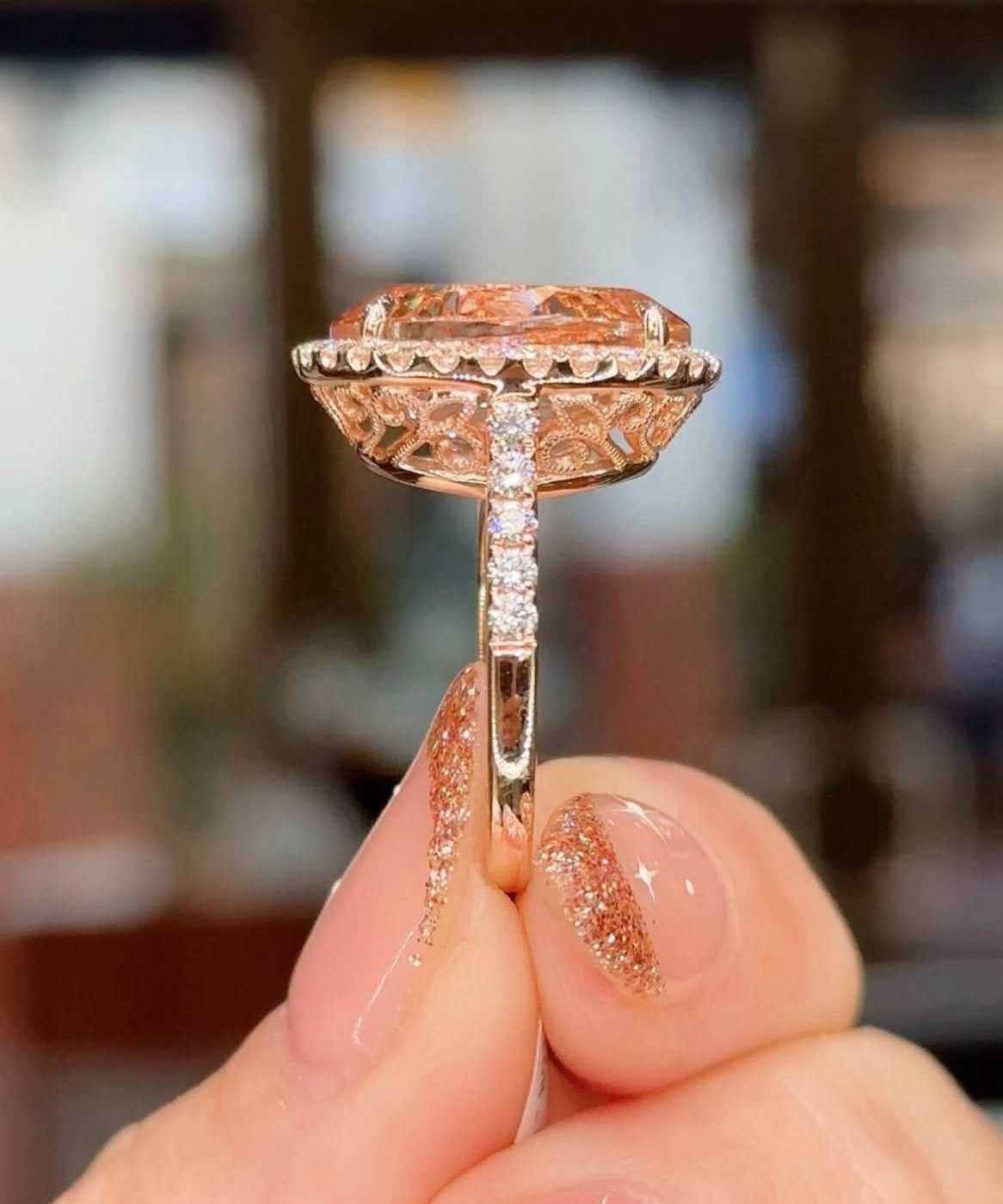 9.43ct Oval Peach Pink Morganite Ring with Filigree - PBD Rings