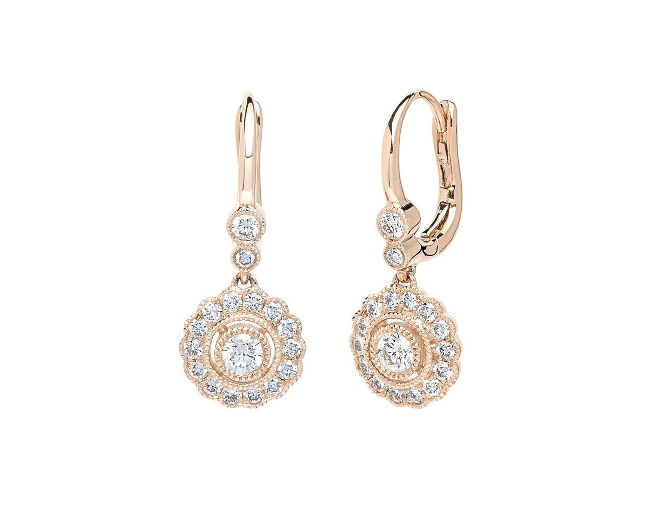 Claire Round Vintage Drop Earrings Fine Jewelry Earrings Princess Bride Diamonds 14K Rose Gold 