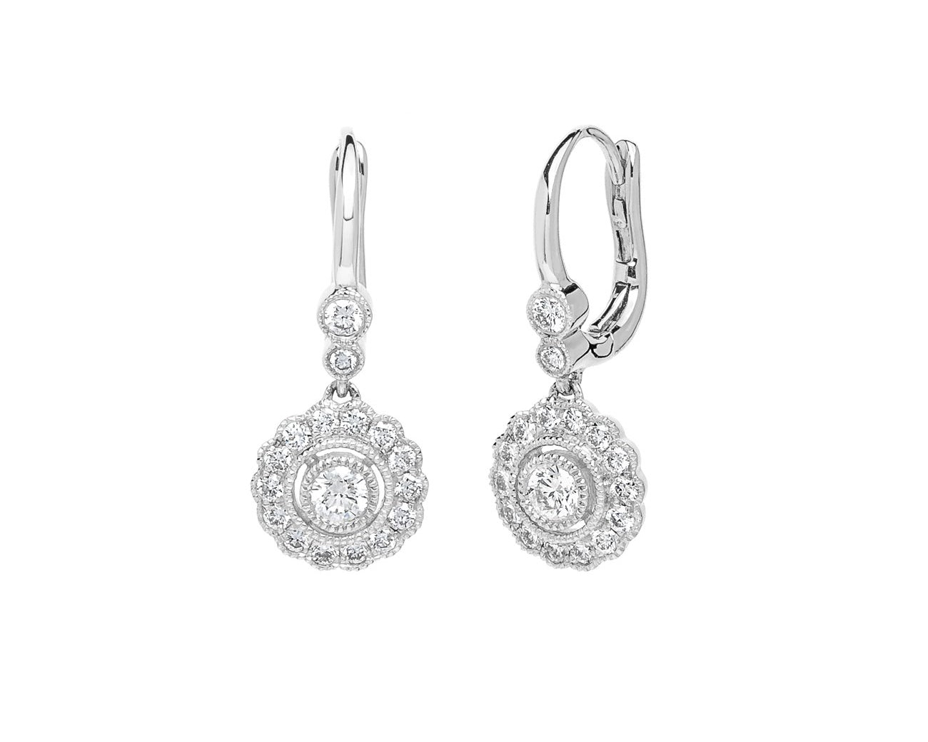 Claire Round Vintage Drop Earrings Fine Jewelry Earrings Princess Bride Diamonds 14K White Gold 