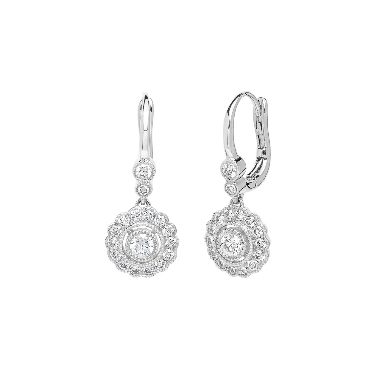 Claire Round Vintage Drop Earrings Fine Jewelry Earrings Princess Bride Diamonds 14K White Gold 