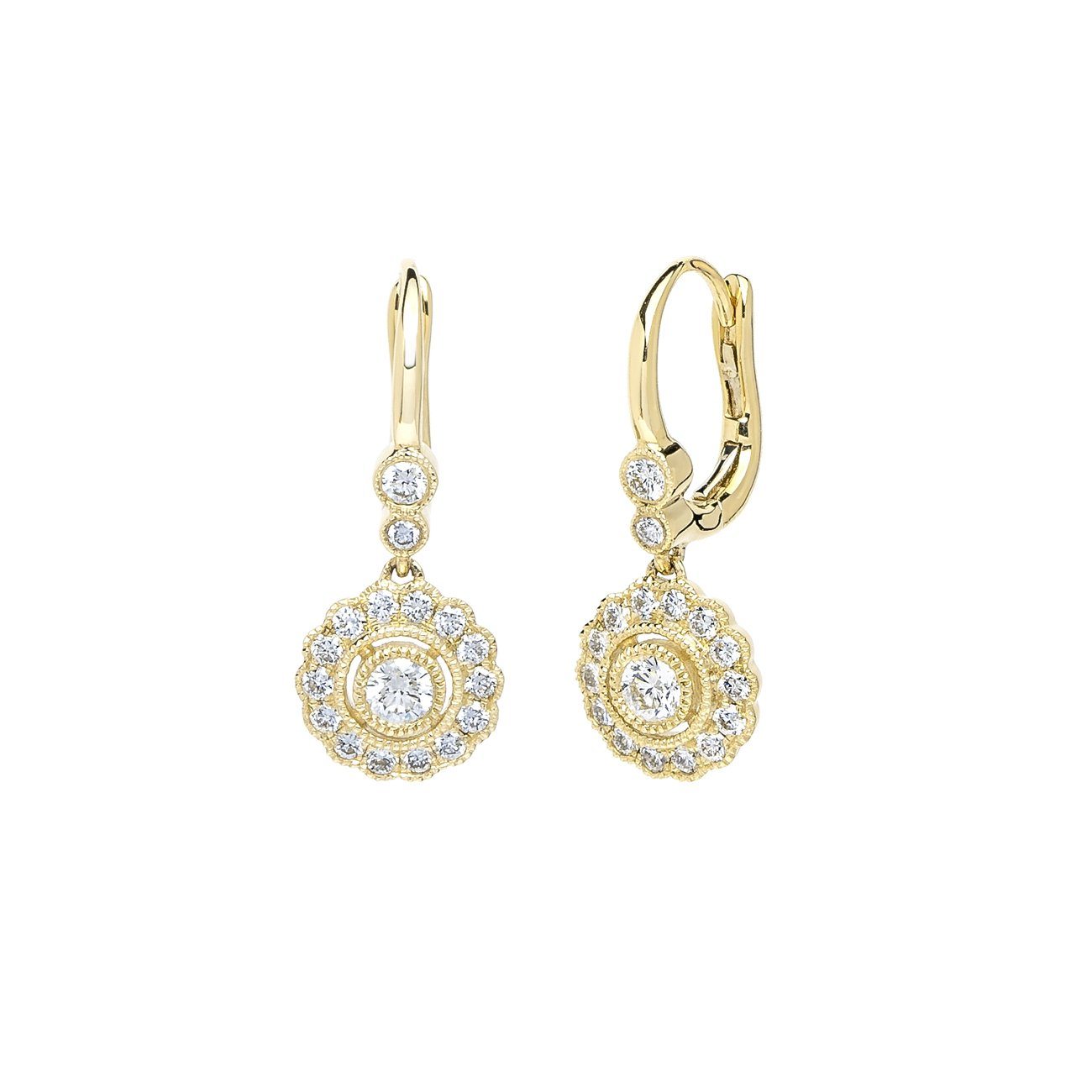 Claire Round Vintage Drop Earrings Fine Jewelry Earrings Princess Bride Diamonds 14K Yellow Gold 