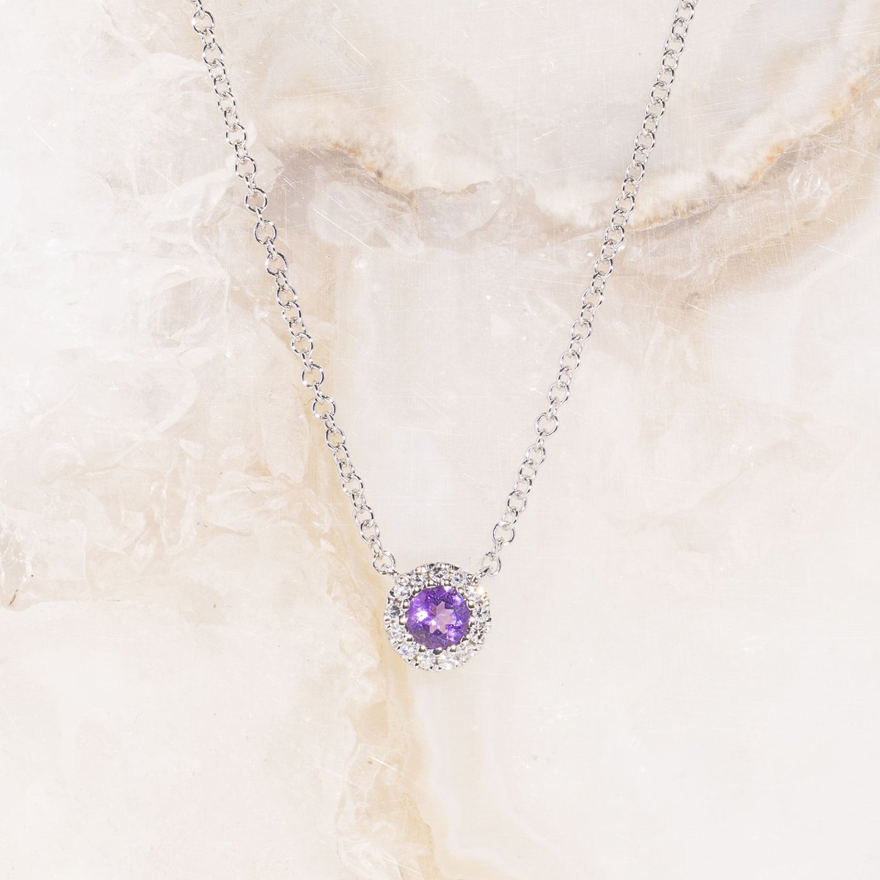 Petite Amethyst Halo Necklace Necklaces Princess Bride Diamonds 