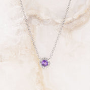 Petite Amethyst Halo Necklace Necklaces Princess Bride Diamonds 