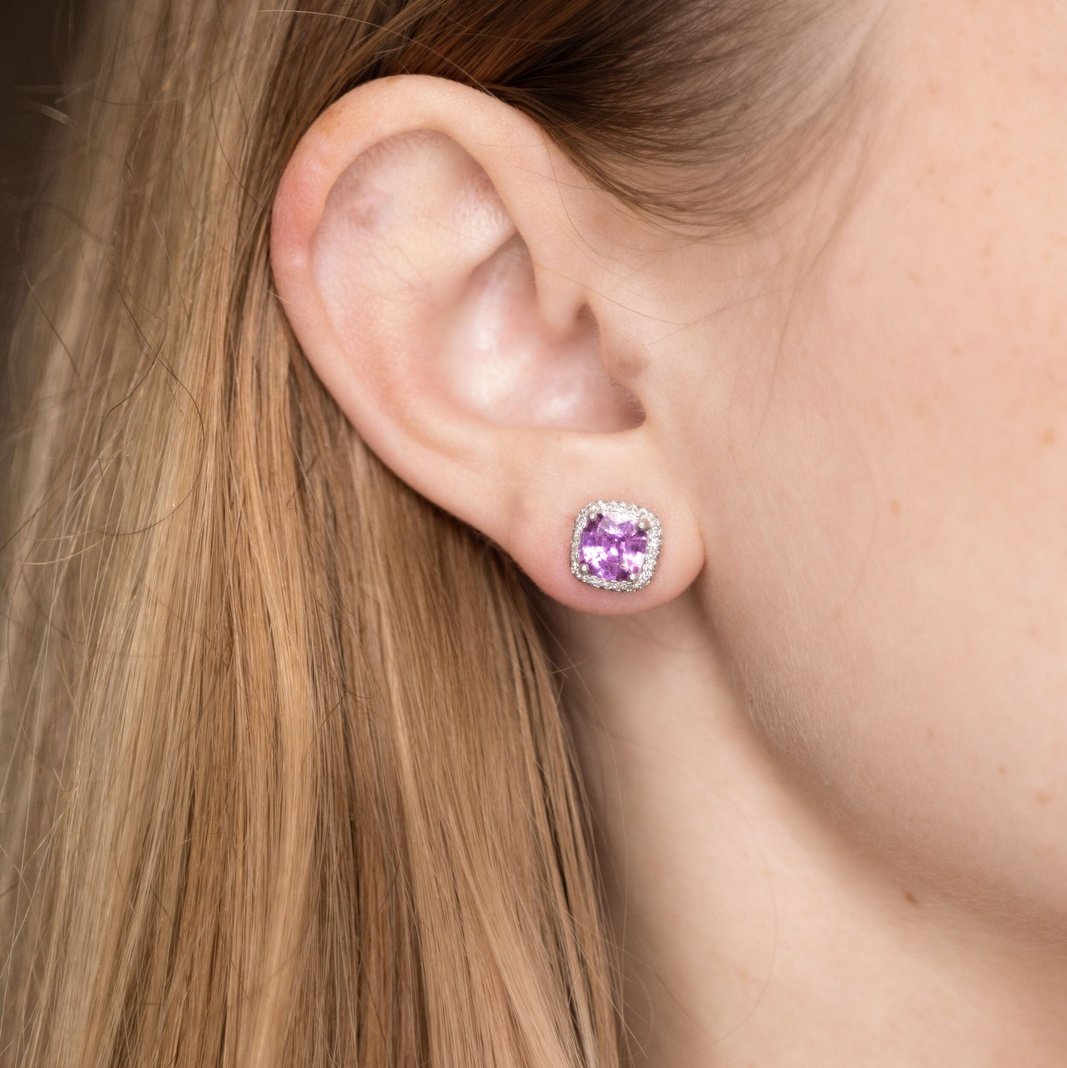 Pink Sapphire & Diamond Halo Studs Earrings Princess Bride Diamonds 